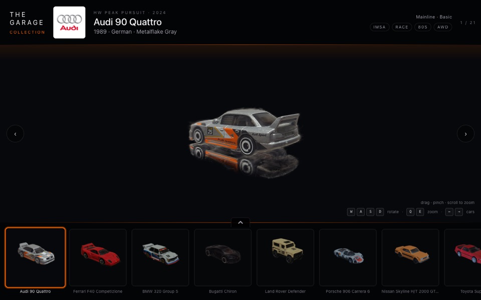 The Garage web viewer rendering a 3D Gaussian-splat scan of an Audi 90 Quattro die-cast car, with a gallery of other scanned cars below
