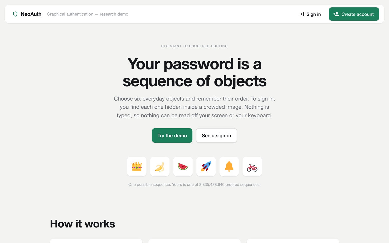 NeoAuth landing page — 'Your password is a sequence of objects' above a demo sequence of emoji objects (crown, banana, watermelon, rocket, bell, bicycle)