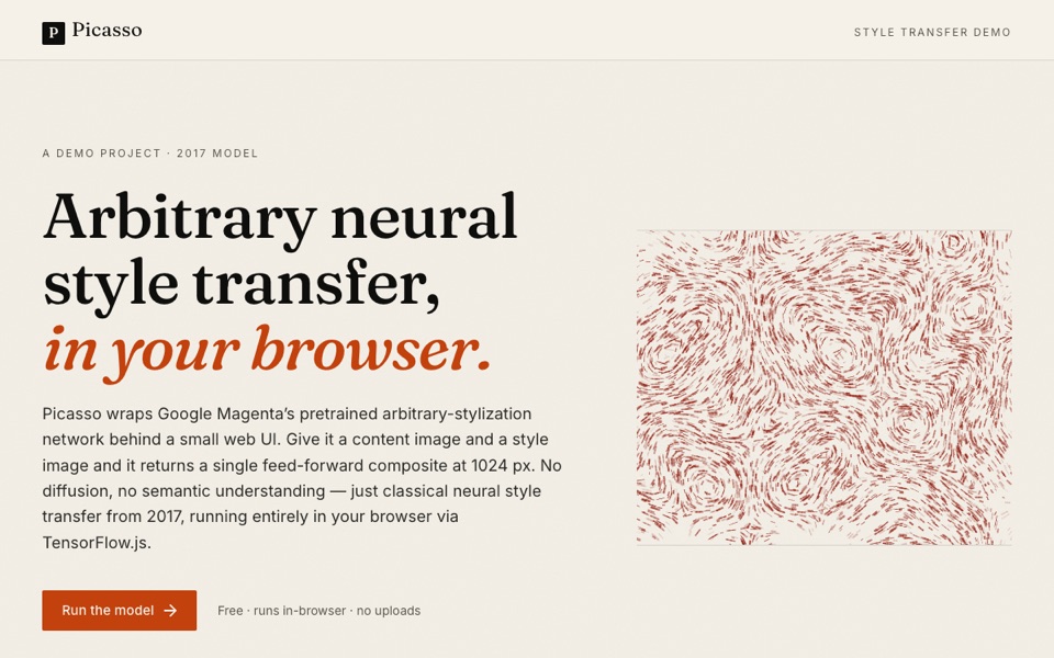Picasso landing page — 'Arbitrary neural style transfer, in your browser' beside a brushstroke style-transfer sample